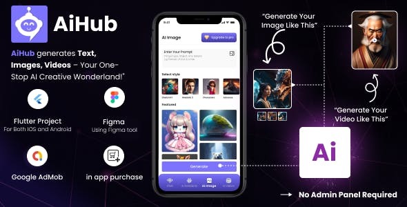 AiHub Video Image and Text generative AI mobile app Flutter based Android iOS Compatible app