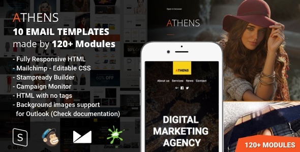 Athens 10 Responsive Email Templates 120 Modules with Mailchimp Editor StampReady Builder