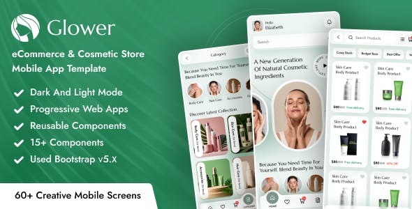 Glower eCommerce Cosmetic Store Mobile App Template Bootstrap PWA