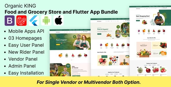 Organic King Food and Grocery Store and Flutter App Bundle