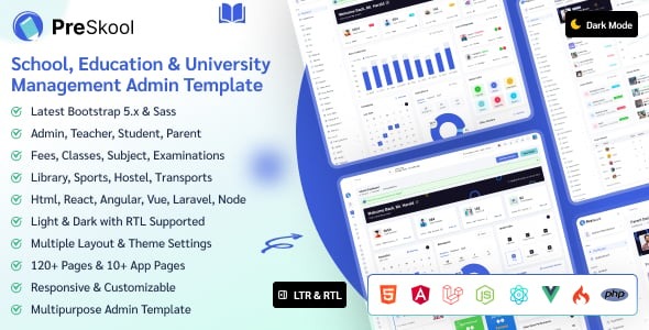 PreSkool Html React Angular Vue Laravel School Education Management Admin Dashboard Template