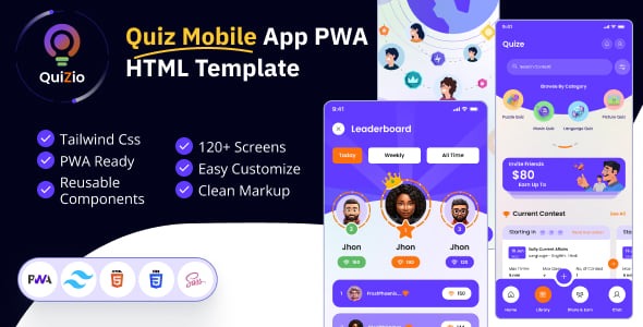 Quizio Quiz Mobile App PWA HTML Template