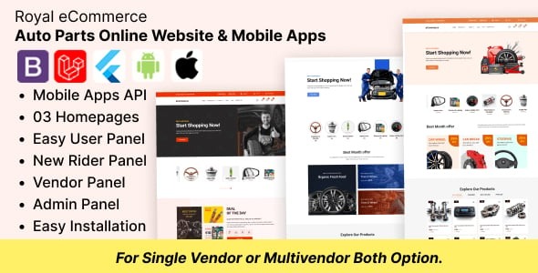 Royal eCommerce Auto Parts Online Store website and Flutter App Bundle