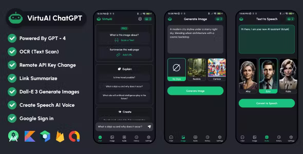 VirtuAI ChatGPT GPT 4 Dall E 3 AI Art Image AI Voice Text to Speech Mobile Kotlin Android App
