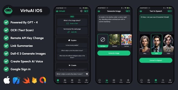 VirtuAI IOS ChatGPT GPT 4 Dall E 3 AI Art Image AI Voice Text to Speech Mobile SwiftUI IOS App