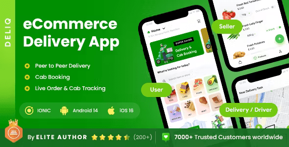 6 App Template eCommerce Food Grocery Delivery App Cab Booking Peer to Peer Delivery App DeliQ