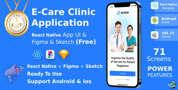 ECare ANDROID IOS FIGMA SKETCH UI Kit ReactNative Online Clinic App for Doctor Patient