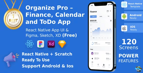 Finance Calendar ToDo App React Native Figma XD Sketch FREE Life Time Update ORGANIZE