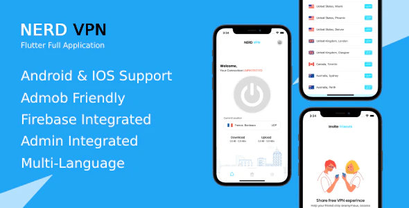 Nerd VPN Flutter VPN Full Application with IAP Integrated with Backend and Admin Panel