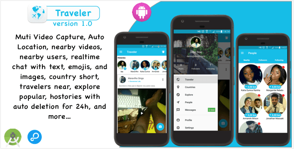 Traveler Video sharing social network for travelers with Chat Followers Nearby Users and Places